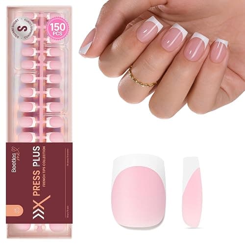 Beetles French Tips Press On Nails - Short Square 150 Pcs | 15 Sizes Pink Fake Nail Tips, Salon Quality Value at Home, Acrylic False Nails Art DIY Gifts For Women - Image 1