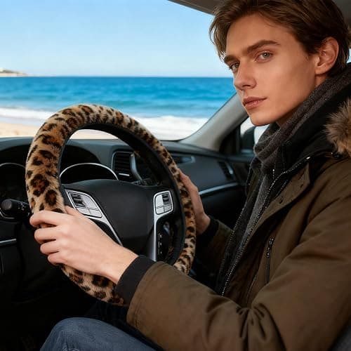 Brown Leopard Print Fuzzy Steering Wheel Cover for Women, Universal Auto Steering Wheel 14-15 Inch Soft Warm Car Interior Accessories with 2PCS Car Coasters, Suitable for Men and Women thumbnail 6