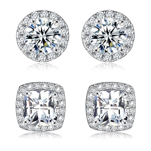 18K White Gold Plated Round Square Cubic Zirconia Simulated Diamond Halo Stud Earrings (2 Pairs) - Image 1