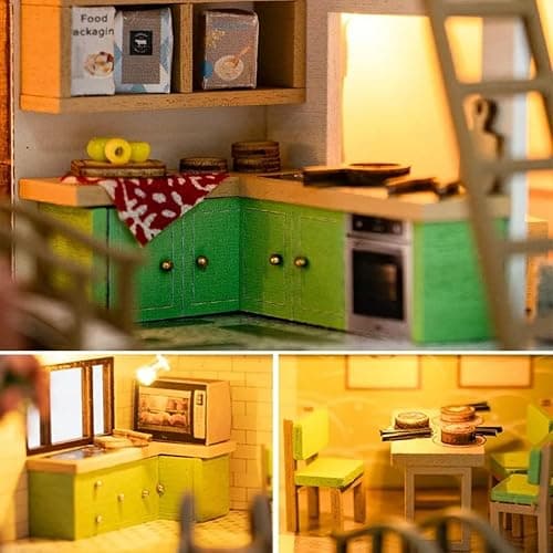 OZJAY DIY Miniature House Kit, Tiny House Kit with Dust Proof Cover & Tools, DIY Wooden Dollhouse Miniature Kit for Adults Teen, Wooden Crafts Lovely Dollhouse Kit - Dream Town thumbnail 7