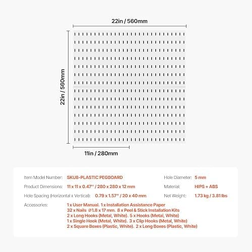 VEVOR Pegboard Combination Kit, 11" x 11" Plastic Pegboard, 4 Panels, Peg Board Wall Organizer Kit with Accessories, for Garage Tool Storage Kitchen Living Room Craft Room Office Bathroom Home, White thumbnail 9