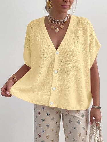 PRETTYGARDEN Womens 2026 Summer Oversized Cardigans Sweaters | Batwing Short Sleeve Lightweight Cardigan, Button V Neck Casual Knit Sweater Tops, Cute Clothes for Travel Vacation Cruise thumbnail 5