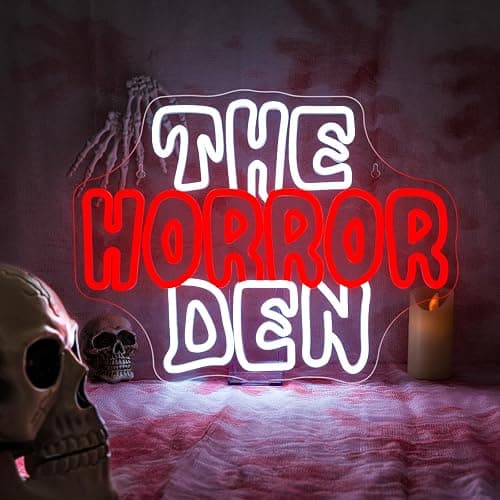 Horror Den Neon Sign Retro Scary Neon Light for Wall Decor Gothic Theme LED Light up Spooky Sign Dimmable Horror LED Signs Indoor Gothic Decor in Game Room Ideal Gifts for Scary Movie Fans - Image 1