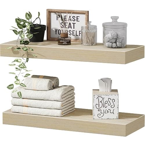 QEEIG Bathroom Floating Shelves for Wall - 15.7" Wall Mounted Shelf Over Toilet Farmhouse Home Decor Display Bookshelf Small 15.7 x 6.7 inch Set of 2, Natural Light Brown (008-40N) - Image 1