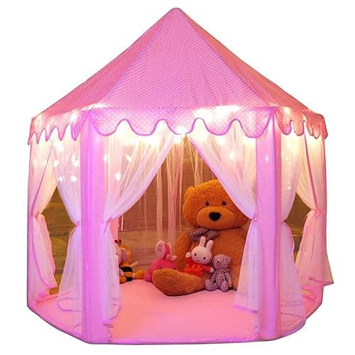 Monobeach Princess Tent Girls Large Playhouse Kids Castle Play Tent with Star Lights Toy for Children Indoor and Outdoor Games, 55'' x 53'' (DxH) - 01 Pink Tent with Little Star Lights