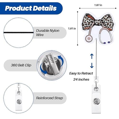 Leopard Bow Stethoscope Badge Reel, Cute Retractable ID Card Badge Holder, Name Tag Work Badge Clip for ICU NICU RN LPN CNA MA ER Cardiology Night Shift Nurse Nursing Student OR GI Doctor, Nurse Gifts thumbnail 2