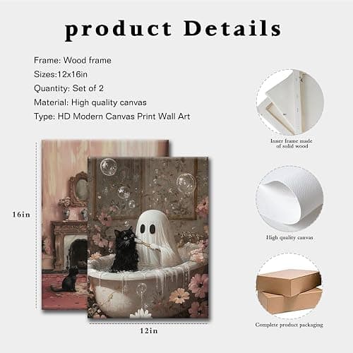 Doqueodas 2 Pcs Framed Vintage Ghost and Cat Canvas Wall Art, Gothic Dark Collegiate Style Paintings Artwork Fun Halloween Posters Prints for Bathroom Living Room Dormitory Wall Decor 12x16 Inch thumbnail 5