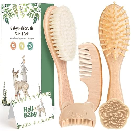 5 Piece Baby Hair Brush Set, Wooden Baby Brush and Comb Set with Natural Soft Goat Hair Bristles, Cradle Cap Brush, Baby Essentials Grooming Kit for Boy Girl - Image 1