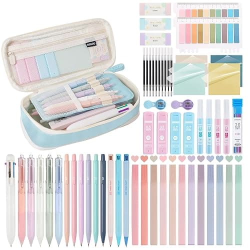 GUGUKUKU 58 PCS Aesthetic School Supplies with Cute Pencil Case,12 Pastel Highlighters, 5 Gel Pens Black Ink,9 Mechanical Pencils for,Student Stationary,CollegeEssentials Gifts (Blue) - Image 1