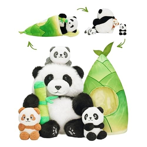 OUOZZZ Panda Stuffed Animals with 3 Babies Inside Panda Bear Plush Toys with 19" Bamboo Shoot Bag - Christmas Plush Gifts for Kids Present Toys Girls Boys Toddler - Image 1