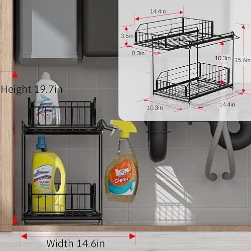 SUEH DESIGN Under Sink Organizer, 2 Tier Bathroom Cabinet Organizer Metal Kitchen Sink Organzier with Hanging Rail for Kitchen Bathroom Organization and Storage, 1 Pack thumbnail 3