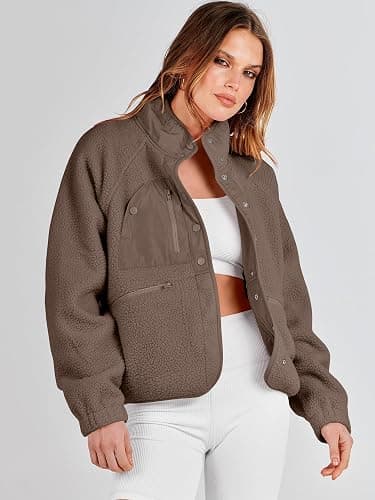 ANRABESS Womens Fuzzy Fleece Jacket Fall Casual Long Sleeve Cropped Sherpa Button Down Shacket Coats Outwear With Pockets thumbnail 8