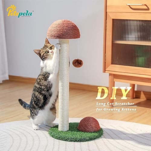 PETEPELA Cat Scratching Post, Mushroom Tall Cat Scratcher Featuring with Natural Sisal Scratching Poles and Interactive Toy Ball for Kittens and Small Cats (Brown) thumbnail 4
