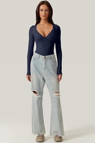 QINSEN Women's Long Sleeve Bodysuit V Neck Body Suits Seamed Cup Going Out Tops Shirt thumbnail 4