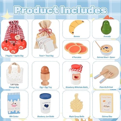 Wooderma Wooden Food for Play Kitchen 27 PCS Wooden Toddler Toys | Breakfast Pretend Play Set, Travel Toy Food Set for Kids' Kitchen Accessories Birthday Christmas Gifts for 3+ Year Olds thumbnail 3