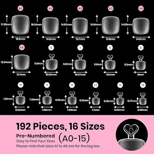 Beetles Soft Gel Toe Nail Tips Square - 16 Sizes 192 Pcs Nail Tips | Full Cover Fake Acrylic Toe Nail Pre-Etched Double Matte Press on Toenails, Toe Nail Extensions for Women thumbnail 3