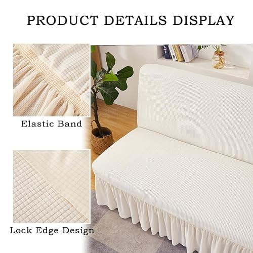 Daunkang Futon Cover Slipcover Removable Armless Sofa Bed Slipcovers Full Size with Skirt Ruffled Knitted Futon Sofa Cover Furniture Bed Protector with Elastic Bottom S White thumbnail 4