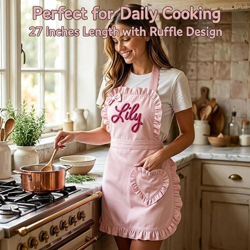 Varedia Custom Aprons for Women with String Embroidery Name and Heart-Shaped Pouch Personalized Pink Aprons for Kitchen, BBQ thumbnail 2