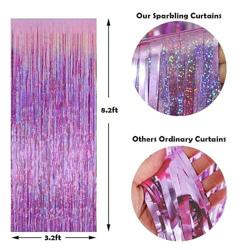 Easter Decorations for Home Melsan 3 Pack 3.2 x 8.2 ft Pinkish Purple Tinsel Fringe Curtain Backdrop, Sparkling Metallic Party Decorations for Girls Birthday, Bachelorette, Wedding, Photo Booth thumbnail 9