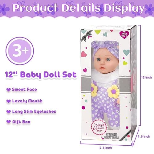 12" Flower Pattern Baby Doll With Backpack Carrier Clothes and Accessories | 12 Inch Baby Dolls Set In Gifts Box With Hanky Pacifier Bottle Pretend Baby Care Interactive Toy For Girl Child Toddler 3+ thumbnail 2