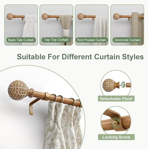 QDWIS Wood Curtain Rods for Windows 48 to 84 Inch,1'' Diameter Drapery Rods with Imitation Wood Grain Leaf Pattern Finials,Boho Adjustable Heavy Duty Curtain Rods Set,36-88'',Color:Natural Wood thumbnail 9