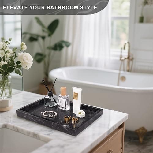 Homaura Marble Bathroom Tray for Countertop & Home Decor, Natural Decorative Marble Tray for Jewelry & Perfume Organizer, Luxury Stone Vanity Trays for Dresser, Kitchen Counter, 12" x 8", Gray Black thumbnail 4