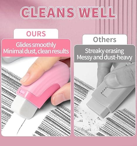 Pindda 4+1 Pack Rubber Erasers Sliding Retractable Eraser - Pink | Large White Erasers with 4 Refill Eraser for School Office Home Supplies Art Drawing, Push Pull Pencil Erasers for Kids Teens thumbnail 3