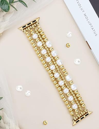 JR.DM Gold Beaded Bracelet Bands Women Compatible with Apple Watch 40mm 42mm(S10/11) 41mm 38mm Dressy Fancy Stretchy Elastic Jewelry Strap Replacement for iWatch Series 11/10/9/8/7/6/5/4/3/2/1/SE thumbnail 4