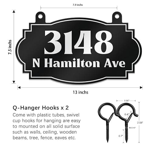 Custom Hanging Address Sign, Metal House Number for Outdoor, Mailbox Number, Address Plaque (13" x 7.5"), Yard Sign, Displays Street Name, High Visibility, Easy Install, Multiple Colors and Fonts (A1) thumbnail 2
