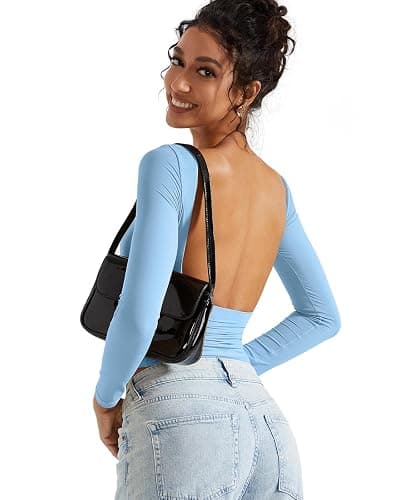SUUKSESS Women Backless Going Out Tops Double Lined Open Back Basic Long Sleeve thumbnail 5