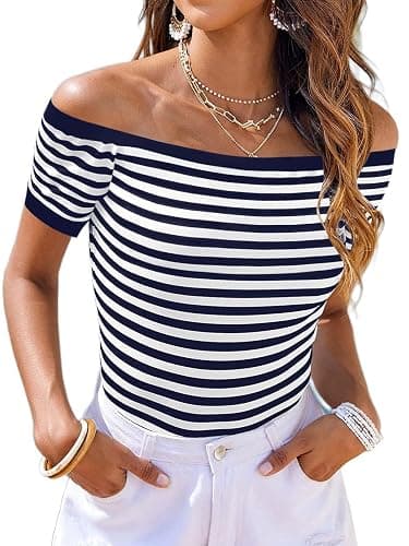 LilyCoco Off The Shoulder Tops for Women Striped Short Sleeve Sexy Going Out Top - Image 1