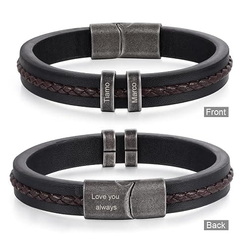 Personalized Custom Name Bracelets for Men - Mens Leather Bracelet with 2-5 Kids Names Customized Gifts for Dad Husband Son thumbnail 7