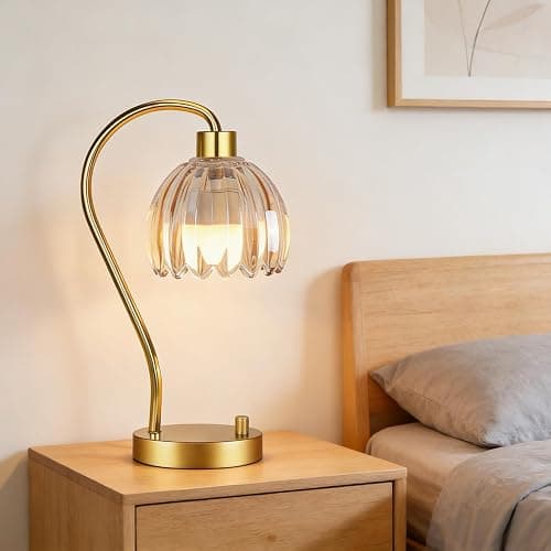 ILLMTW Small Table Lamp Set of 2,Gold Bedside Lamps Dimmable Boho Bedroom Lamp with Glass Tulip Flower Amber Lamp Shade,Vintage Mid Century Modern Mini Nightstand Lamp for Bedroom Living Room thumbnail 3