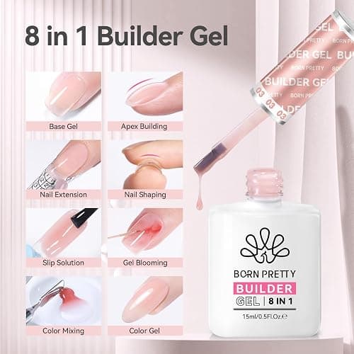 BORN PRETTY Builder Gel for Nails, 8-in-1 Extension Gel Strengthener Gel Hard Builder Nail Gel Base Top Gel, Pink Gel Builder Rhinestone Nail Glue Gel in A Bottle Nails 15ML thumbnail 2