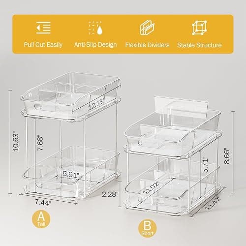 Delamu Bathroom Under Sink Organizers and Storage, 2 Pack, Clear | 2-Tier Multi-Purpose, Stackable, Pull Out Cabinet Kitchen Pantry Organization and Storage with Dividers thumbnail 2