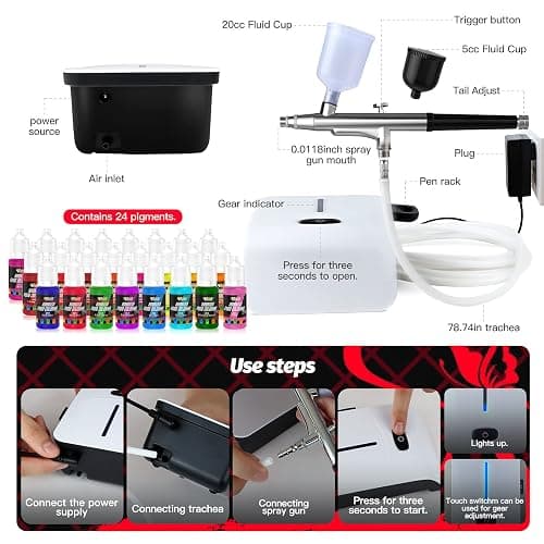 Cake Airbrush Decorating Kit with Compressor: Futebo Cookie Airbrush Kit with 24 Vivid Airbrush Liquid Food Colors, Decorate Cakes, Desserts or Other Baking Food(Color: White) thumbnail 3