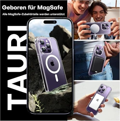 TAURI für iPhone 14 Pro Hülle 6,1" mit Panzer Schutz Glas Folie, Kompatibel mit MagSafe, Schutz nach Militärstandard, [Anti-Vergilbung] Stoßfest Magnetisch Handyhülle - Durchsichtig thumbnail 7