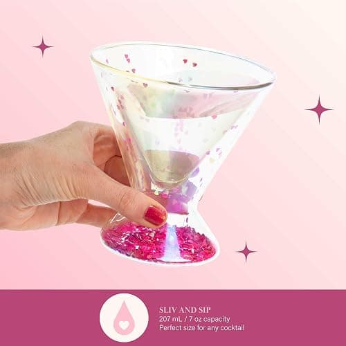 Paris Hilton 2-Piece Martini Glass Set, Double Wall Glass Design, Great for Martinis, Cocktails, Cosmopolitans, Margaritas, 207mL, 7-Ounce, Iridescent with Glitter Hearts thumbnail 4