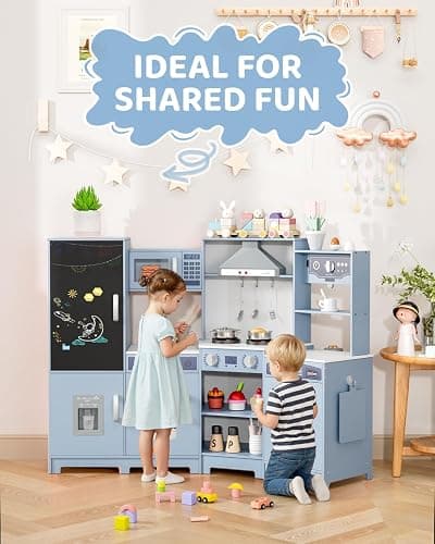 MAMIZO Wooden Corner Play Kitchen, Extra-Large Interactive Kids Kitchen Playset w/Lights & Sounds, Blackboard, Washing Machine, Ice Maker & 7 Accessories, Ultimate Pretend Toy Kitchens for Toddler thumbnail 5