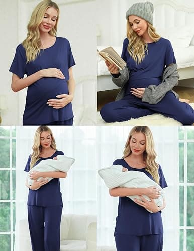 Ekouaer Women's Nursing Pajamas Maternity Pajama Postpartum PJS Breastfeeding Short Sleeve Top & Pants Sets with Pockets thumbnail 3