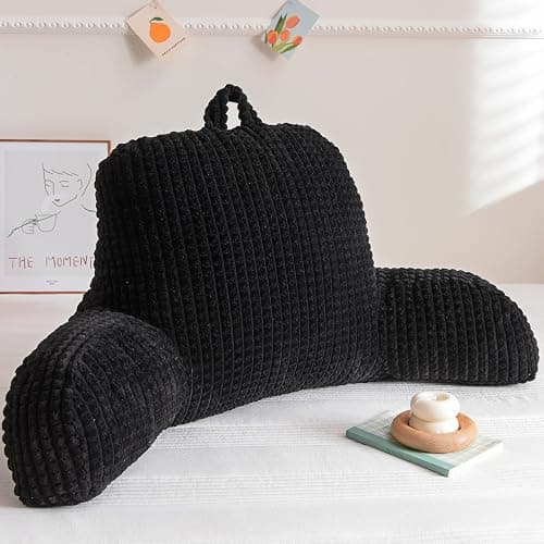 A Nice Night Reading Pillow Bed Wedge Large Adult Children Backrest with Arms Back Support for Sitting Up in Bed/Couch for Lounging Bedrest,Waffle Stereoscopic Design,Black thumbnail 2