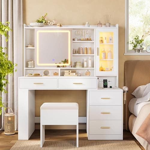 DICTAC Makeup Vanity Desk with Sliding LED Lighted Mirror, 47.2"W Large Vanity Desk with Drawers, Shelves and Side Storage, RGB Glass Cabinet, White Vanity Table Set with Charging Station for Bedroom thumbnail 8