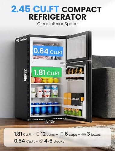 COWSAR 2.5 Cu.Ft Mini Fridge with Freezer, Double Reversible Door Compact Dorm Refrigerator with 2 Removable Shelves, Commercial Apartment Fridge for Bedroom, Office, Kitchen, Dorm, Black thumbnail 2