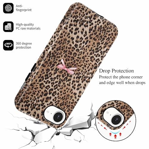 Aoldimu Cute Bow Cheetah Print Phone Case for iPhone 16e/iPhone 17e 6.1", Aesthetic Brown Leopard Pattern Design Cover for Women Girls, Anti Scratch Shockproof 2-in-1 Cover for iPhone 16e/iPhone 17e thumbnail 5