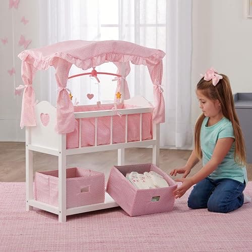 Badger Basket Doll Crib with Bedding, Storage Baskets, Mobile & Personalization Kit - Ideal Nursery Set for Dolls Up to 22 Inches, Best for Doll Accessories & Playtime - White/Pink thumbnail 2
