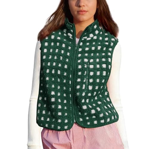 SeeLuNa Womens Checkered Sherpa Vest Sleeveless Winter Fleece Jacket High Neck Zip Up Plaid Gilet with Chest Pocket - Image 1