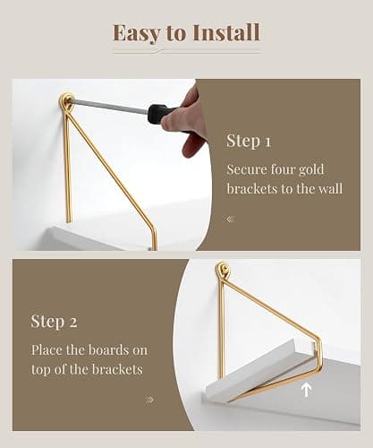 Afuly Floating Shelves for Wall, Metallic Gold White Wall Mounted Shelves, Shelves for Bathroom Kitchen Bedroom Solid Wood Metal Chic Bookshelf, Set of 2 thumbnail 6
