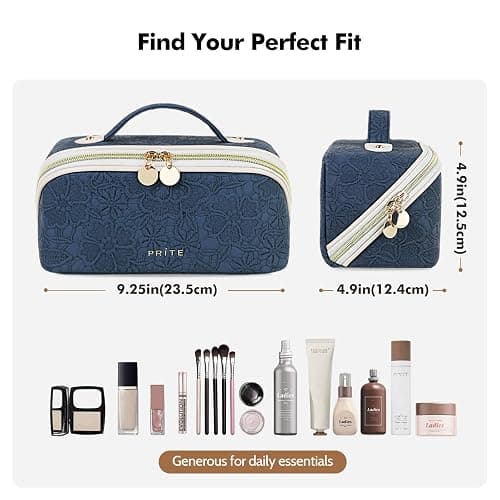 Prite Travel Cosmetic Bag Makeup Organizer Bag for Women Large Capacity Waterproof PU Leather Toiletry Bag with Handle and Clear Divider(Blue Flower) thumbnail 3