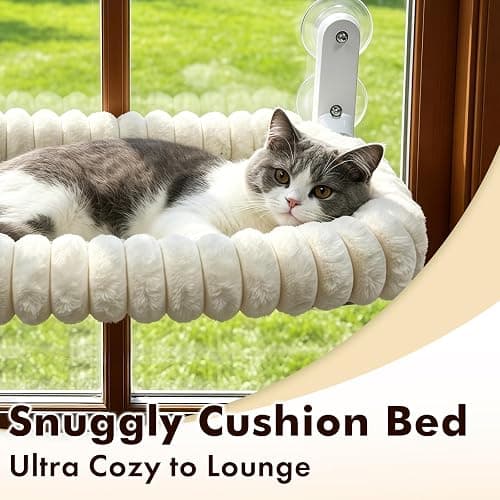 AMOSIJOY Cordless Cat Window Perch, Window Hammock for Cats with 4 Strong Suction Cups, Solid Metal Frame and Cushion Bed Cover, Indoor Cat Bed (L,Stripe) thumbnail 5