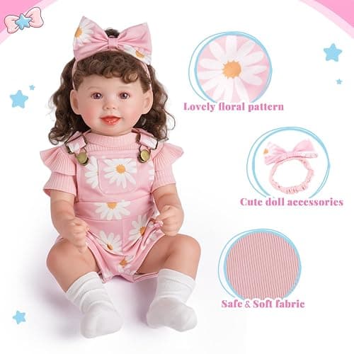 BABESIDE 4 Pcs Reborn Baby Doll Clothes for 17-22 Inch Babydolls, Cute Pink Flower Dolls Overalls Lifelike Reborn Baby Doll Accessories with Headband and Socks for Realistic Dolls Girl thumbnail 3